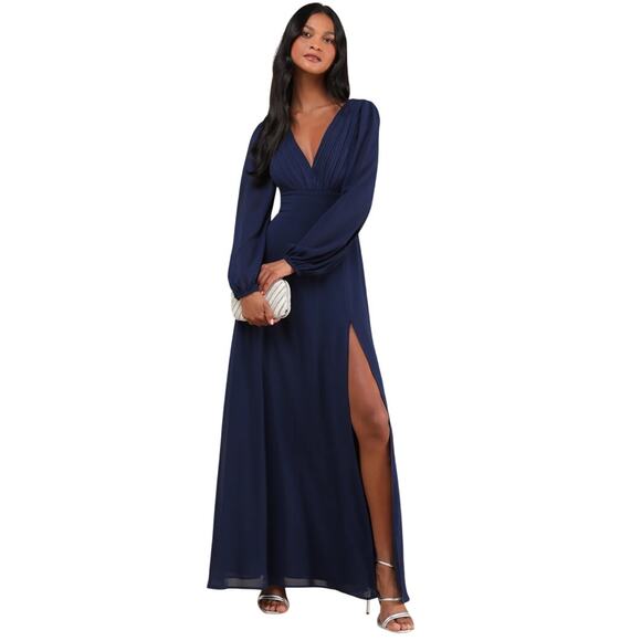 LULUS Marvelous Affair Navy Blue Pleated Lace-Up Long‎ Sleeve Maxi Dress-Size L - Picture 1 of 9